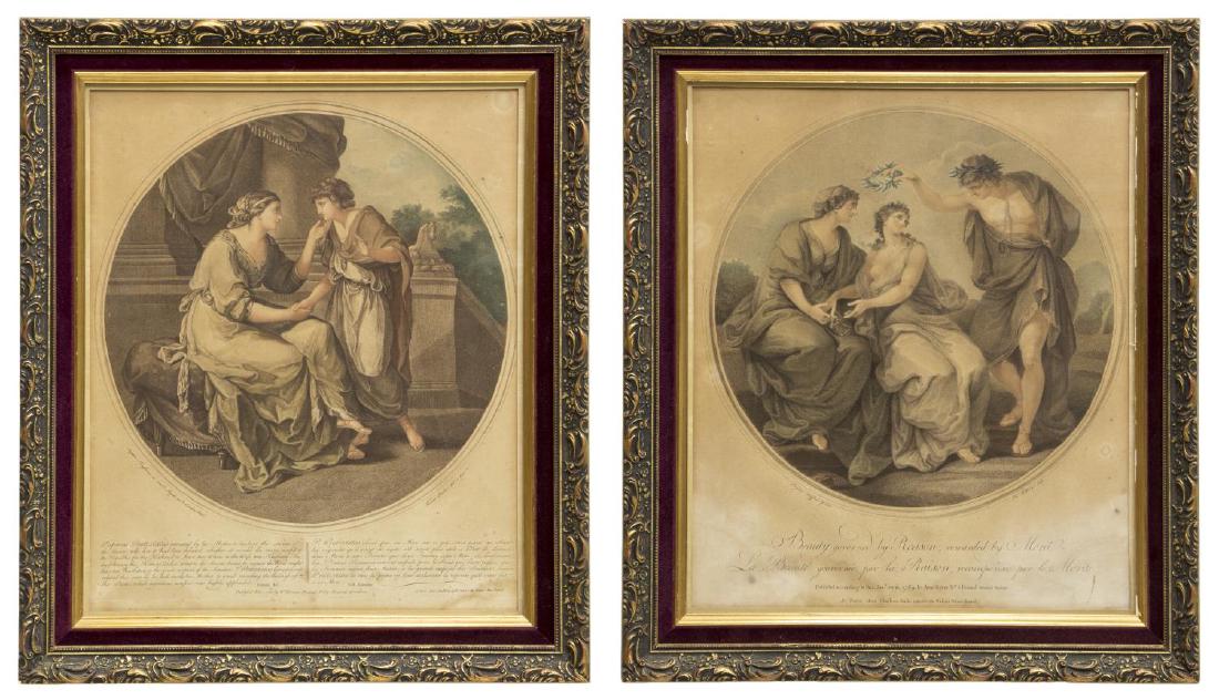 2 ANGELIKA KAUFFMANN(1741-1807) 18th C. MEZZOTINTS: Framed mezzotints after original paintings by Angelika Kauffmann (Maria Anna Angelika Kauffmann, Swiss, 1741-1807): (1) "Lucius Papirius Praetextatus and His Mother", mezzotint by Thomas Burke (Englis