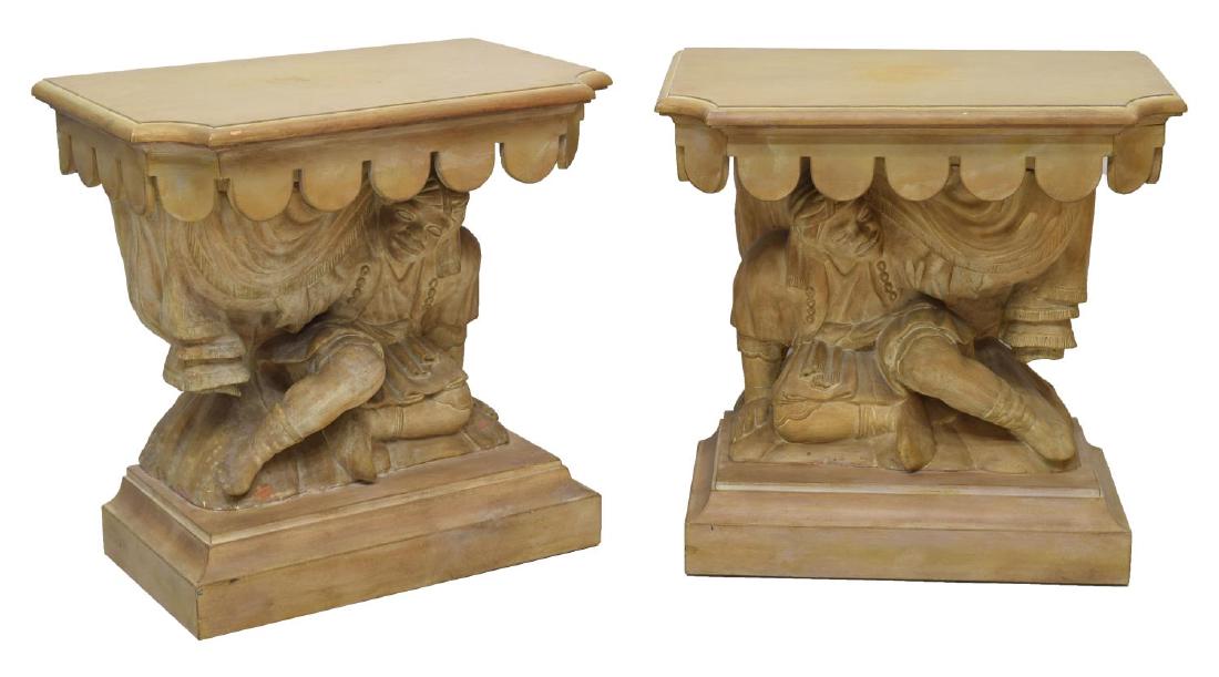 (2) BLACKAMOOR FIGURAL CONSOLE TABLES, 20TH C.: (pair) Figural console tables, 20th c., having shaped top, over carved apron, Blackamoor figural support, over stepped base, approx 28.75"h, 29"w, 18.25"d Start Price: $80.00