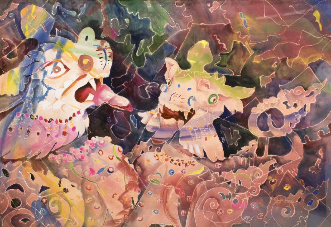 DORRIS 'DEE' PHILLIPS (D.2009) WATERCOLOR PAINTING: Framed watercolor on paper painting, late 20th c., "Guardians," signed lower right D. Phillips (Doris "Dee" Eileen Wallace Phillips, Austin, Texas, 1930-2009), titled verso, artist's label verso, sigh