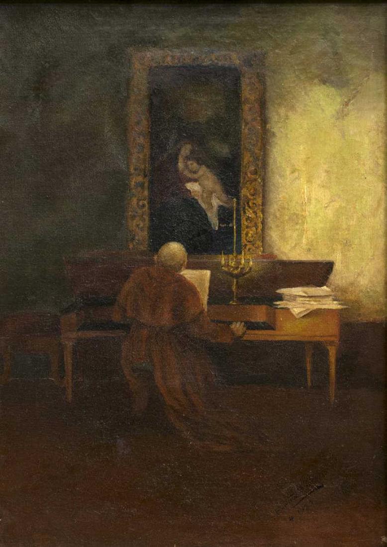 FRAMED RELIGIOUS OIL ON CANVAS PAINTING, SIGNED: Framed oil on canvas painting, 1920, In Prayer, dated and signed lower right Enrique Oribe (?), depicting a monk praying at an altar, multiple patched repairs to canvas, sight: approx 17.25"h, 12.25"w