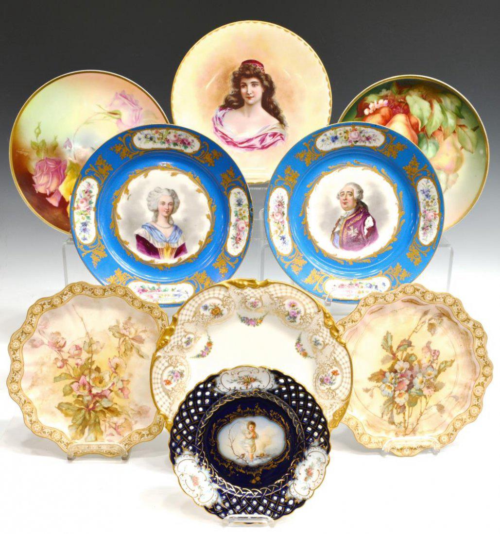 (9) ENGLISH & CONTINENTAL PORCELAIN CABINET PLATES: (lot of 9) Collection of English and Continental porcelain cabinet plates, comprising: (2) Sevres, both parcel gilt on blue ground, one with central portrait of Maria Antoinette and marked CH DE DREUX