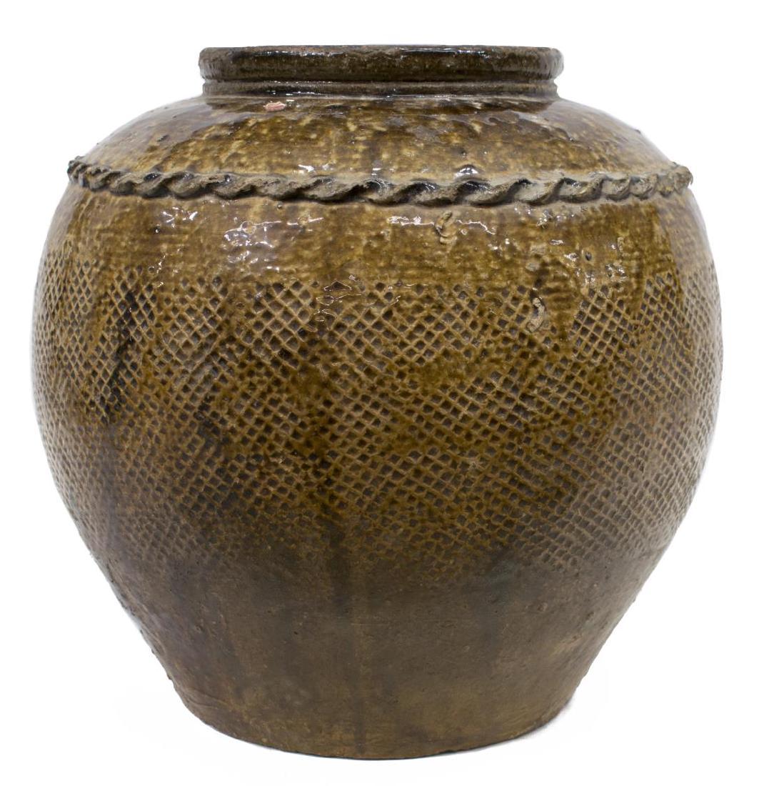 LARGE ANTIQUE CHINESE EARTHENWARE WINE JAR: Antique Chinese earthenware wine jar, in a brown glaze with rope twist collar and textured body, approx 15.5"h, 15"w, 23.25lbs Start Price $80.00