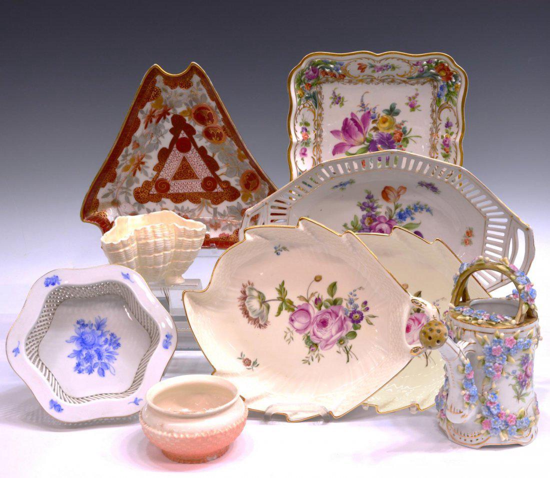(9) GERMAN, ENGLISH & OTHER PORCELAIN TABLEWARE: (lot of 9) Continental porcelain table and cabinet items, comprising: (1) Herend reticulated hexagonal dish, parcel gilt rim around central glazed blue flower reserve, approx 1.5"h, 5.75"diam; (1) Sch