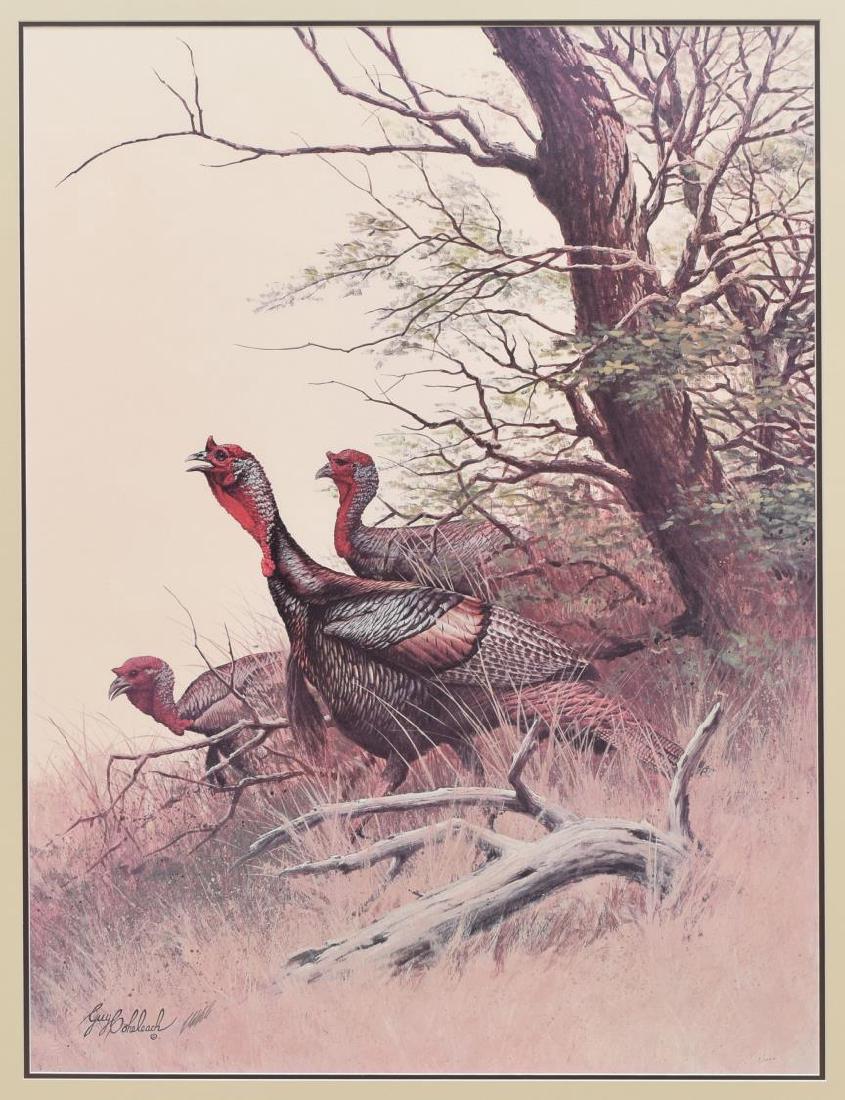 GUY COHELEACH (B.1933) FRAMED 'WILD TURKEYS' PRINT: Framed wildlife print, c. 1976, "Wild Turkeys," by Guy Coheleach (United States, b. 1933), sight: approx 31"h, 23"w, overall: approx 45.25"h, 37.25"w, 20.25lbs **From a private Texas estate** Start Pr