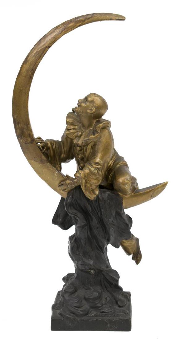 FRENCH CAST SCULPTURE AFTER A. FORETAY, PIERROT: French cast metal sculpture, c. 1930s, Pierrot and the Moon, signed in cast A. Foretay (Alfred Jean Foretay, Switzerland, France, 1861-1944), some loss to gilt, approx 13"h, 3.25"w, 3.25"d, 2.75lbs St