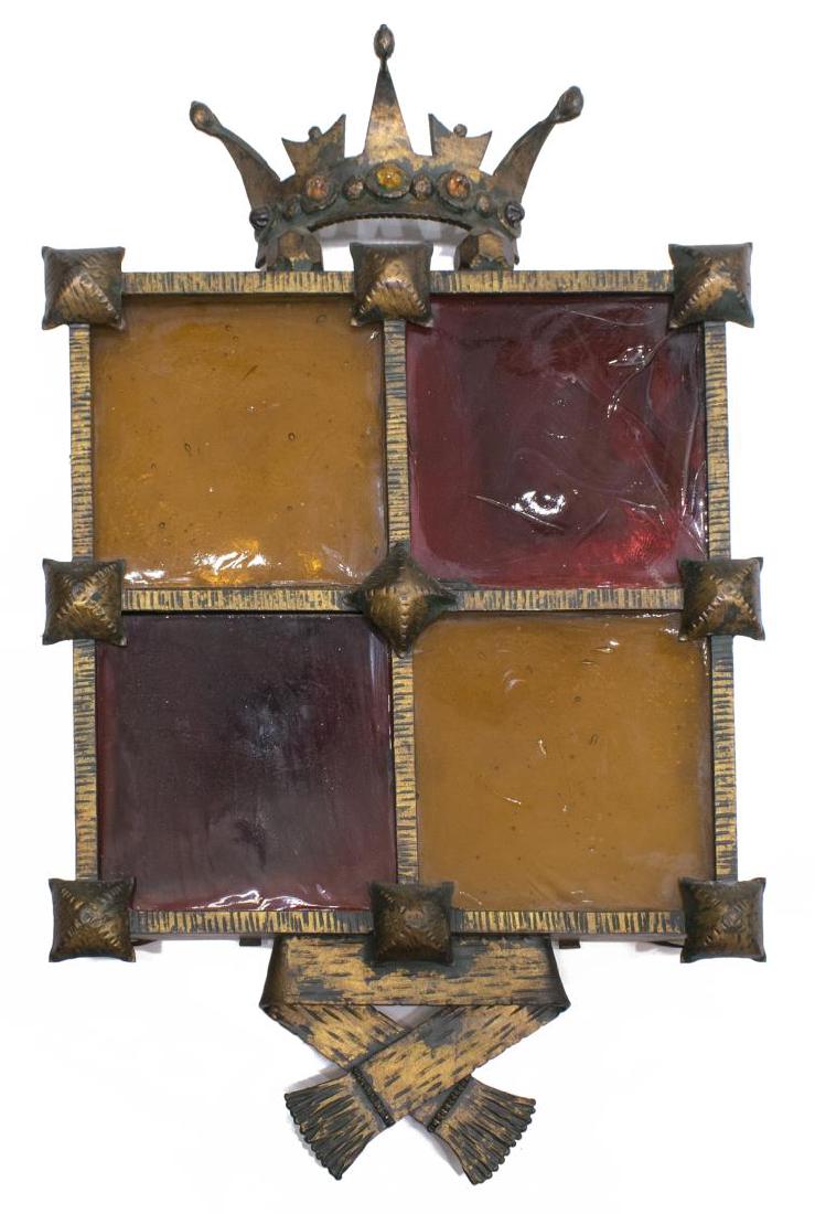 ITALIAN GILT IRON & GLASS HERALDIC 4LT WALL SCONCE (1 of 2)
