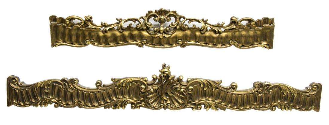 (2) CONTINENTAL GILTWOOD CURTAIN VALENCE OR PELMET: (lot of 2) Continental giltwood architectural curtain valence or pelmet, each carved and pierced in a rocaille motif, largest: 9"h, 57.25"w, 2"d Start Price: 150.00