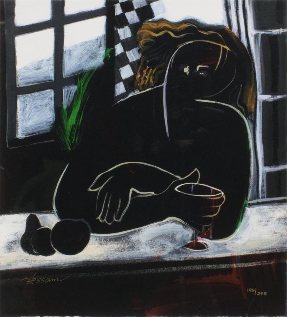 HESSAM ABRISHAMI (B.1951) SIGNED LIMITED GICLEE: Framed limited edition giclee print, Woman with Glass of Wine, numbered 196/275, signed lower left Hessam (Hessam Abrishami, California, Iran, b. 1951), sight: approx 17.5"h, 15.75"w; overall: approx