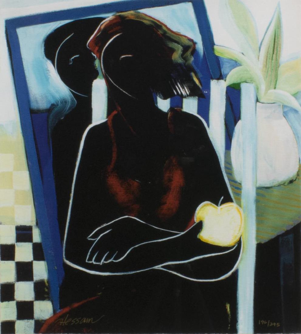 HESSAM ABRISHAMI (B.1951) SIGNED LIMITED GICLEE: Framed limited edition giclee print, Couple with Apple, signed lower left Hessam (Hessam Abrishami, Iran, 1951), numbered 196/295, sight: approx 17.75"h, 16"w; overall: approx 29.25"h, 27.5"w, 8lbs **