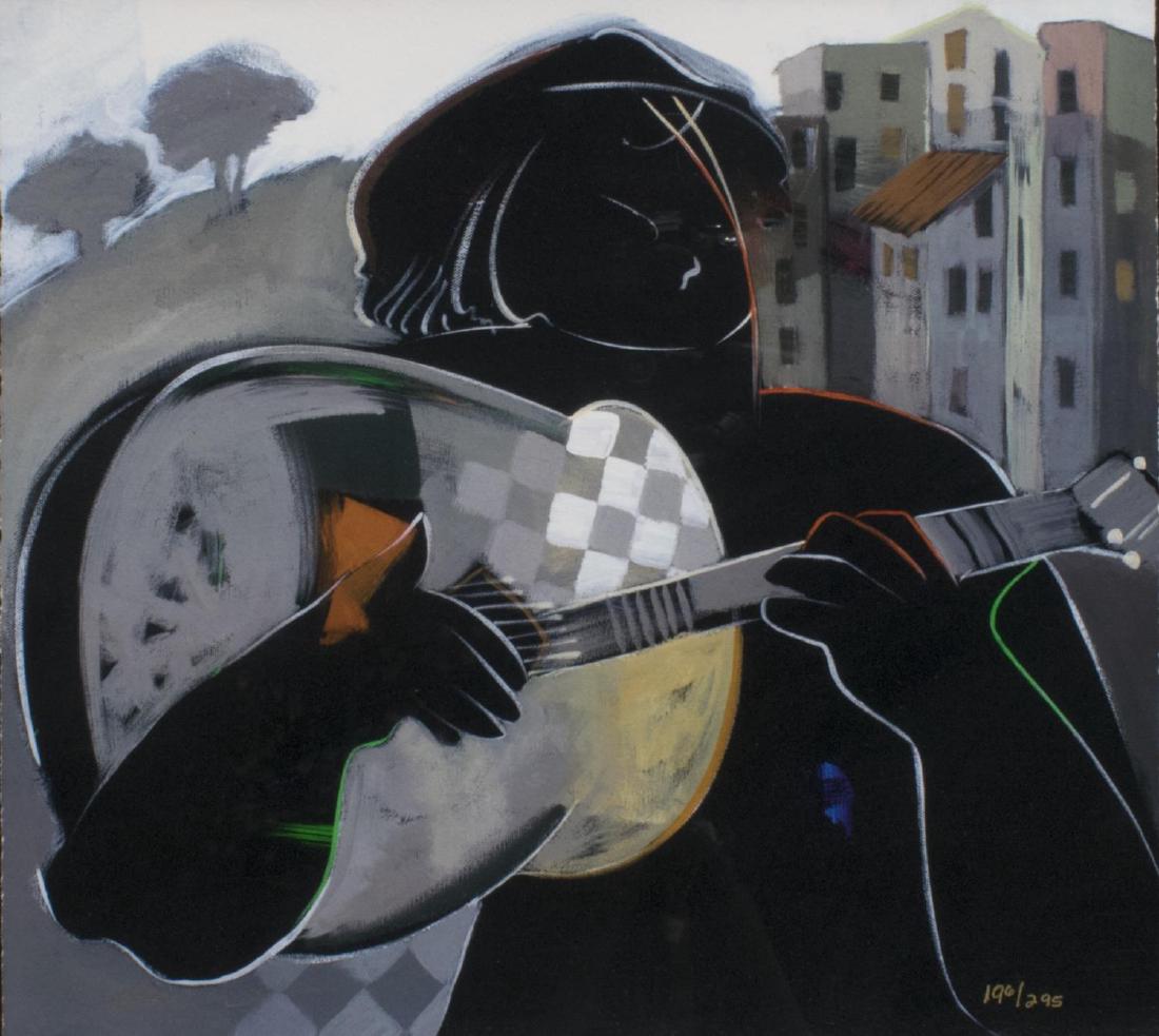 HESSAM ABRISHAMI (B.1951) SIGNED LIMITED GICLEE: Framed limited edition giclee print, Figure with Guitar, numbered 196/295, signed lower left Hessam (Hessam Abrishami, California, Iran, b. 1951), sight: 15.5"h, 17.75"w, overall: 30.5"h, 32.25"w, 11.
