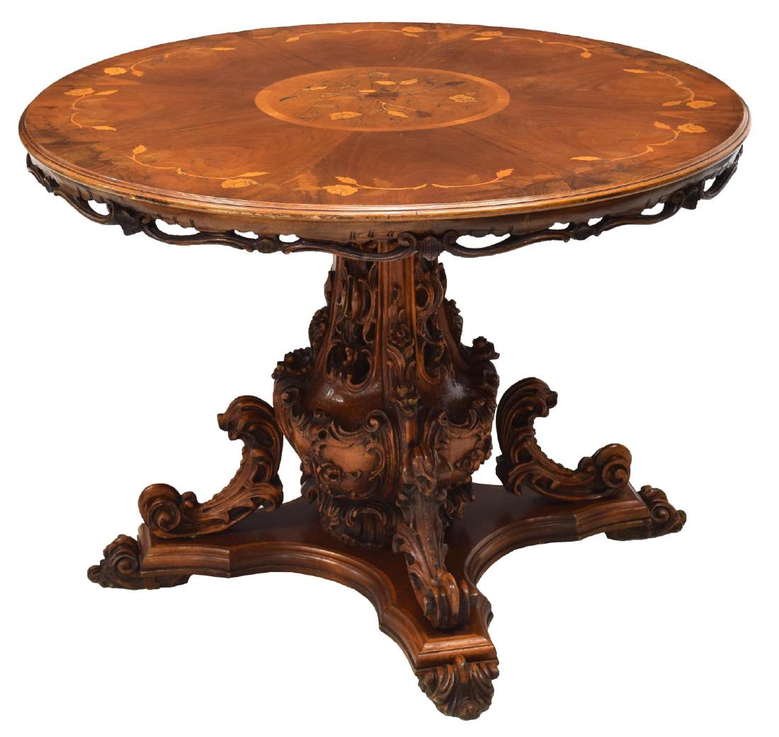 ITALIAN CARVED MARQUETRY TOP WALNUT DINING TABLE (1 of 4)