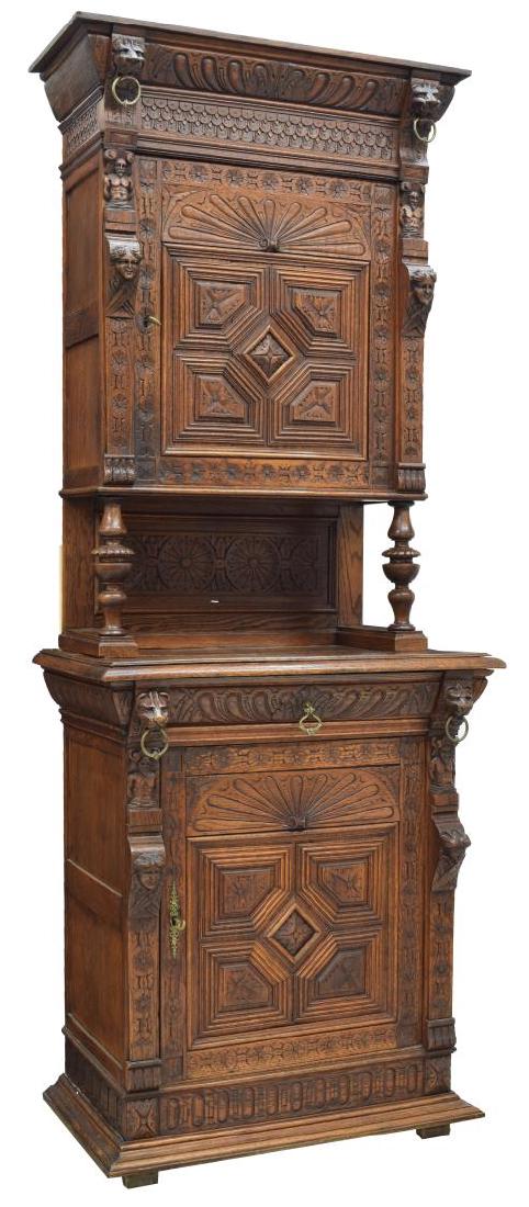 FRENCH HEAVILY CARVED OAK CABINET, LION MASKS (1 of 3)