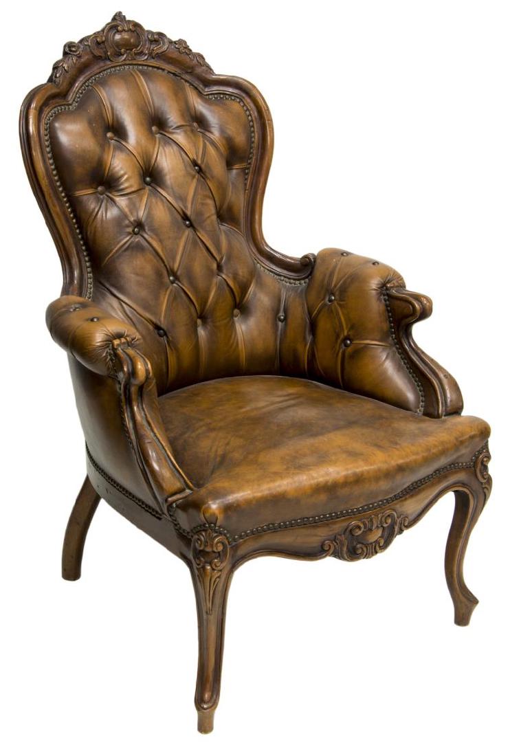 FRENCH LOUIS XV STYLE CARVED & LEATHER ARMCHAIR (1 of 3)