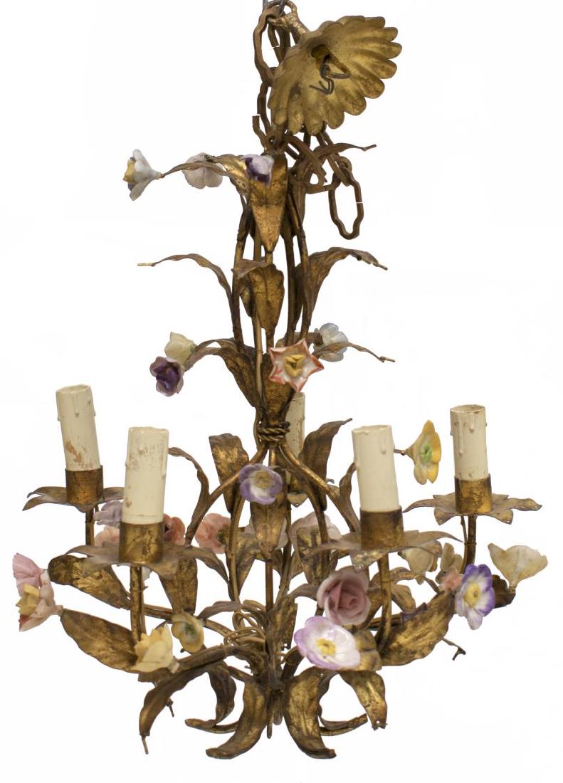 ITALIAN GILT BRASS 5LT CHANDELIER WITH ROSES (1 of 2)