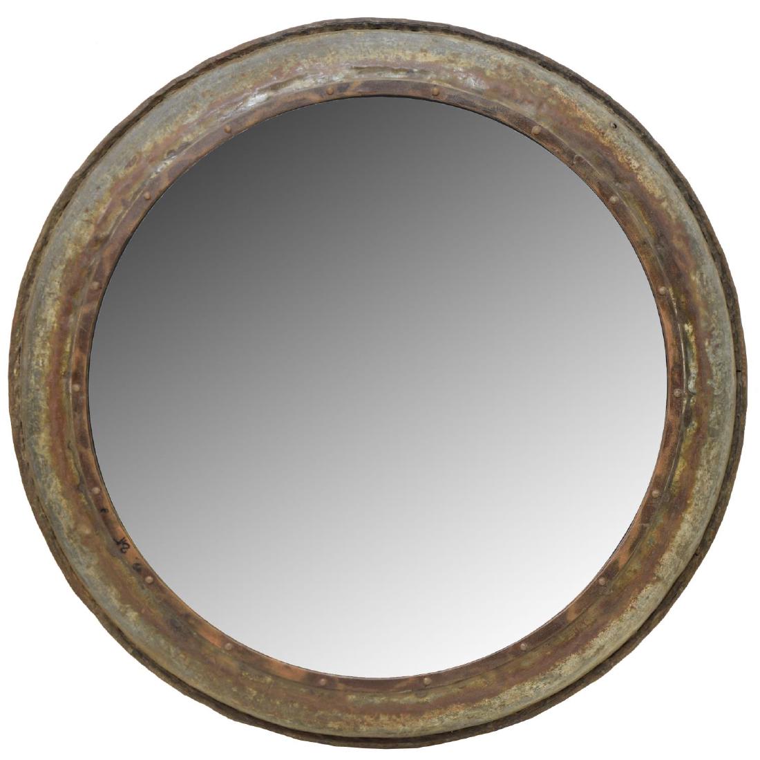 LARGE INDUSTRIAL IRON FRAMED CIRCULAR WALL MIRROR (1 of 3)