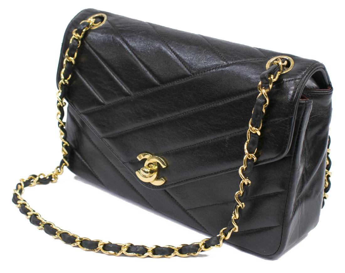 CHANEL BLACK DIAGONAL QUILTED LEATHER FLAP BAG (1 of 4)