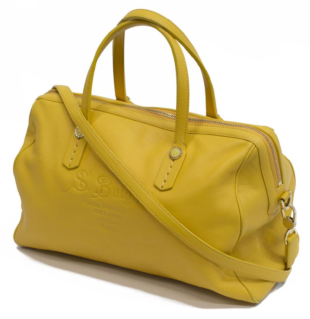 BVLGARI YELLOW SOFT LEATHER BOSTON BAG: Bvlgari Boston bag, in yellow soft leather, with gold tone hardware, opalescent accents, having dual flat leather handles, single zipper closure, floral fabric lining, cell, slip, and zipper pockets t