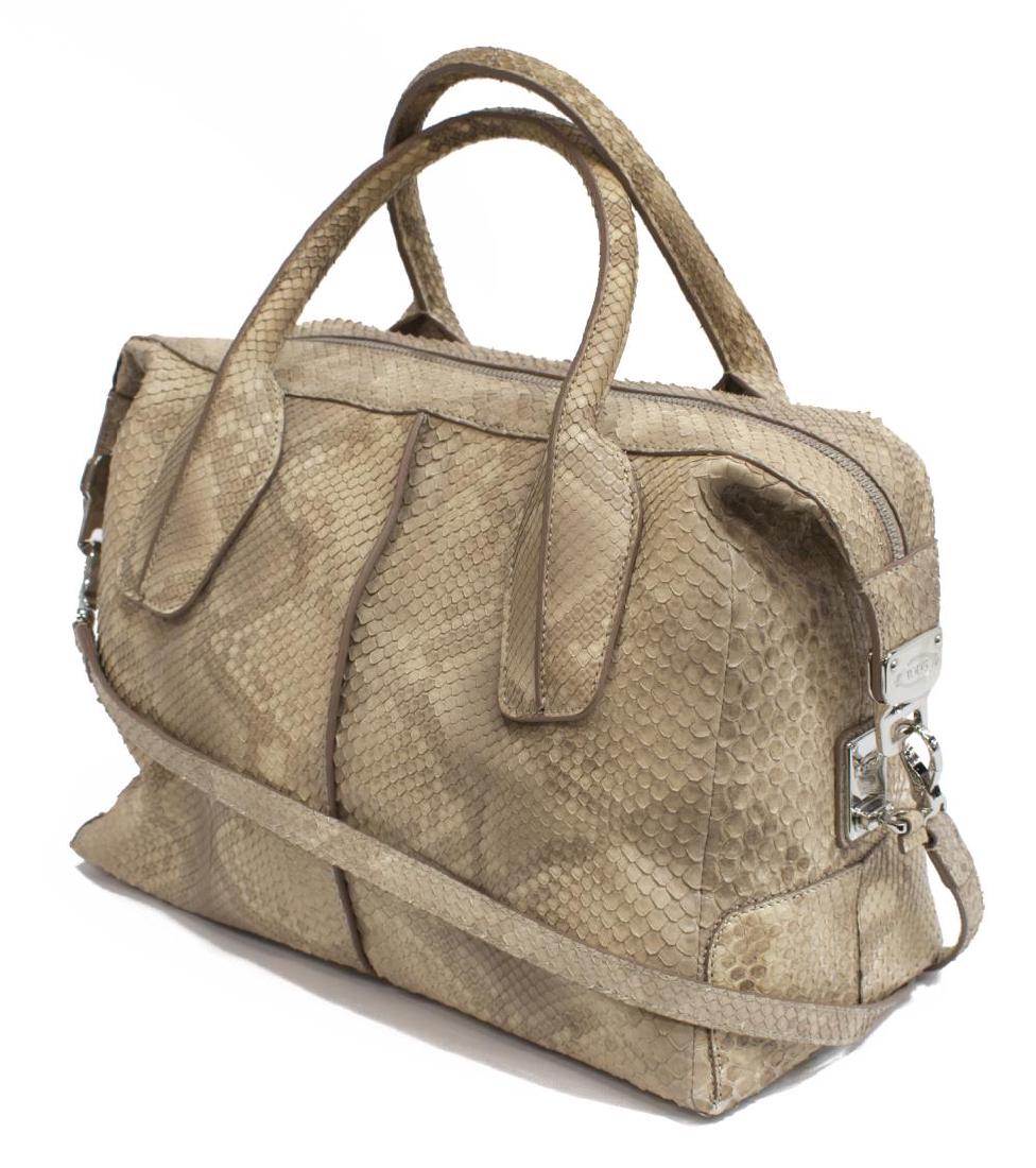 TOD'S 'D-STYLING' SNAKESKIN SATCHEL: Tod's "D-Styling" satchel, in beige and brown snakeskin, having silver tone hardware, adjustable shoulder strap, dual rolled handles, dual zipper closure, tan fabric lining, single zipper pocket to in