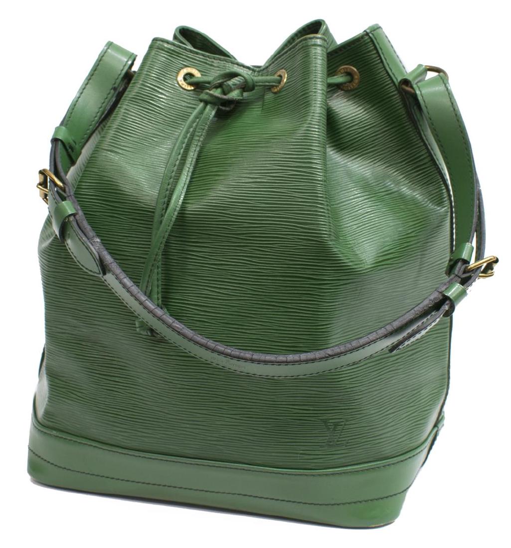 LOUIS VUITTON 'NOE' GREEN EPI LEATHER BUCKET BAG: Louis Vuitton "Noe" bucket bag, in Borneo green Epi leather, with brass hardware, logo embossed at front corner, single adjustable flat shoulder strap, black Alcantara lining, single zip pocket at int