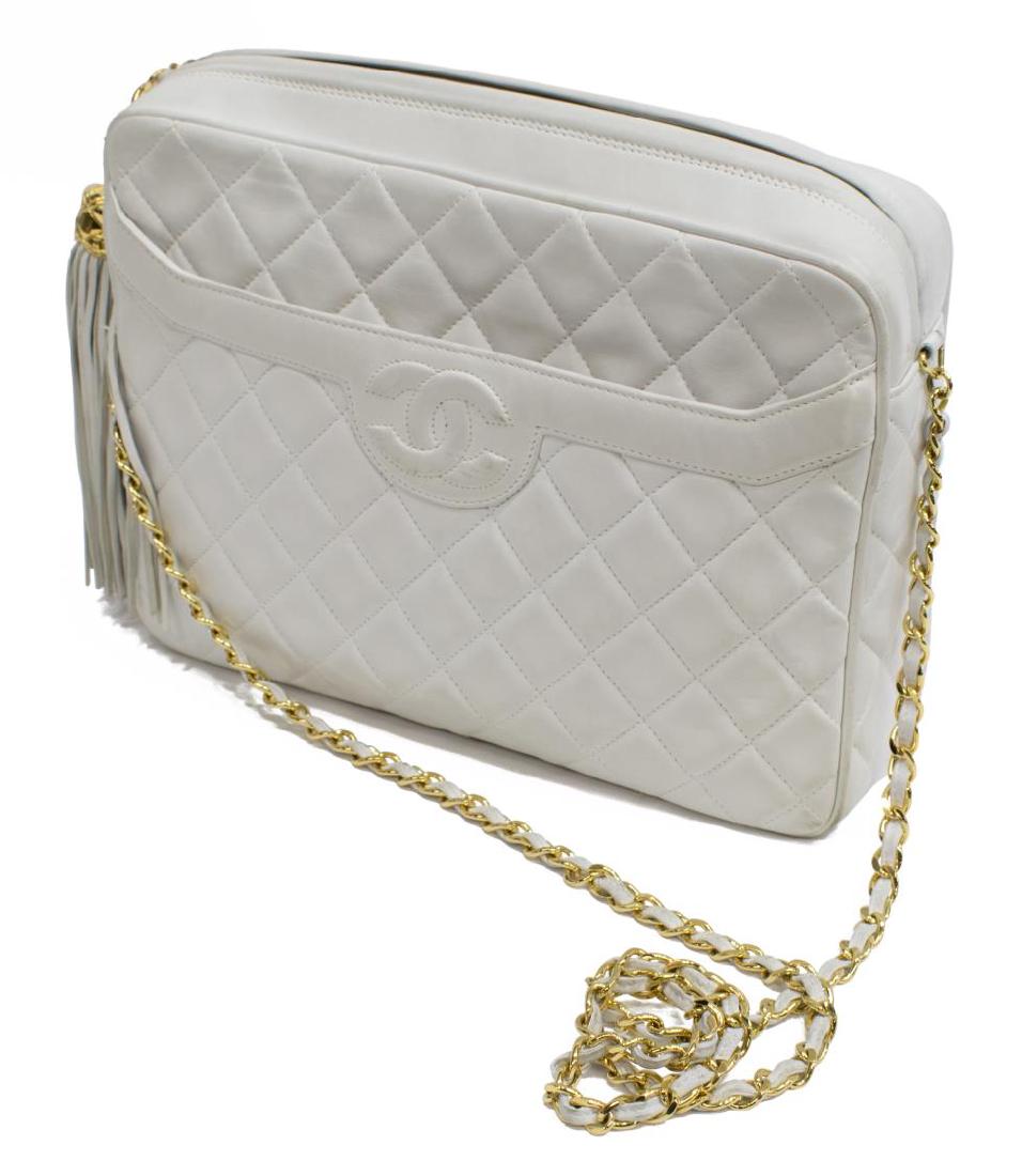 CHANEL 'CAMERA' WHITE QUILTED LEATHER TASSEL BAG (1 of 5)
