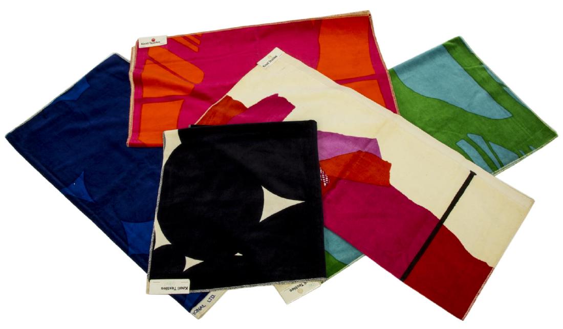 (5) KNOLL TEXTILE SAMPLES, WOLF BAUER (B.1939): (lot of 5) Mid-century modern Knoll textile samples, c. 1967, designed by Wolf Bauer (Germany, b.1939), including: (2) "Stones," (one) blue, (one) black, 26.5"h, 24.25"w, (1) "Fragment," red, 26.5"h,