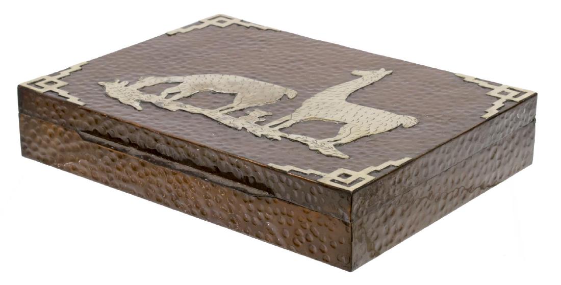 VICHY PERU HAMMERED COPPER & 925 SILVER CIGAR BOX: Peruvian hammered copper cigar box, with sterling silver llamas and corner fretwork at lid, wood lined interior, signed Vichy to underside, marked 925, approx 1.5"h, 8.75"w, 6.5"d, 1.5lbs (inclusive o