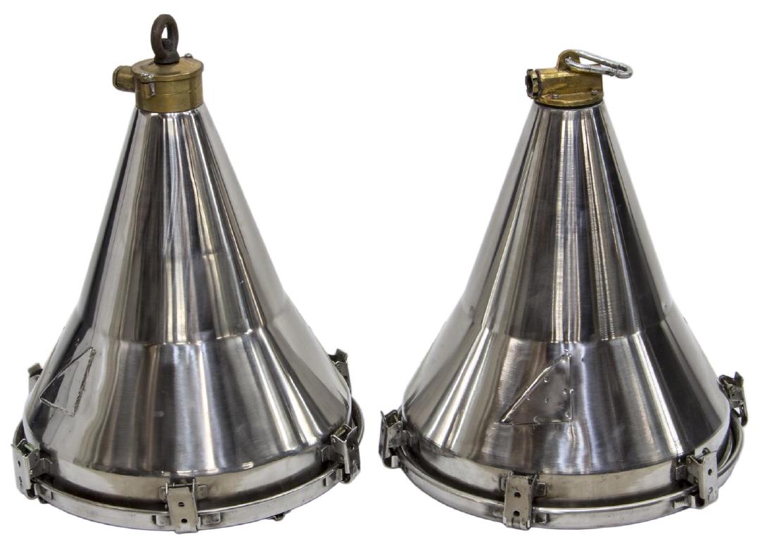 (2) VINTAGE INDUSTRIAL STEEL HANGING PENDANT LAMPS: (lot of 2) Vintage Industrial steel hanging pendant lamps, c. 1960's, a near pair of slightly varied size and form, conical form with glass shade cover, angled applique, iron loop handle, single light