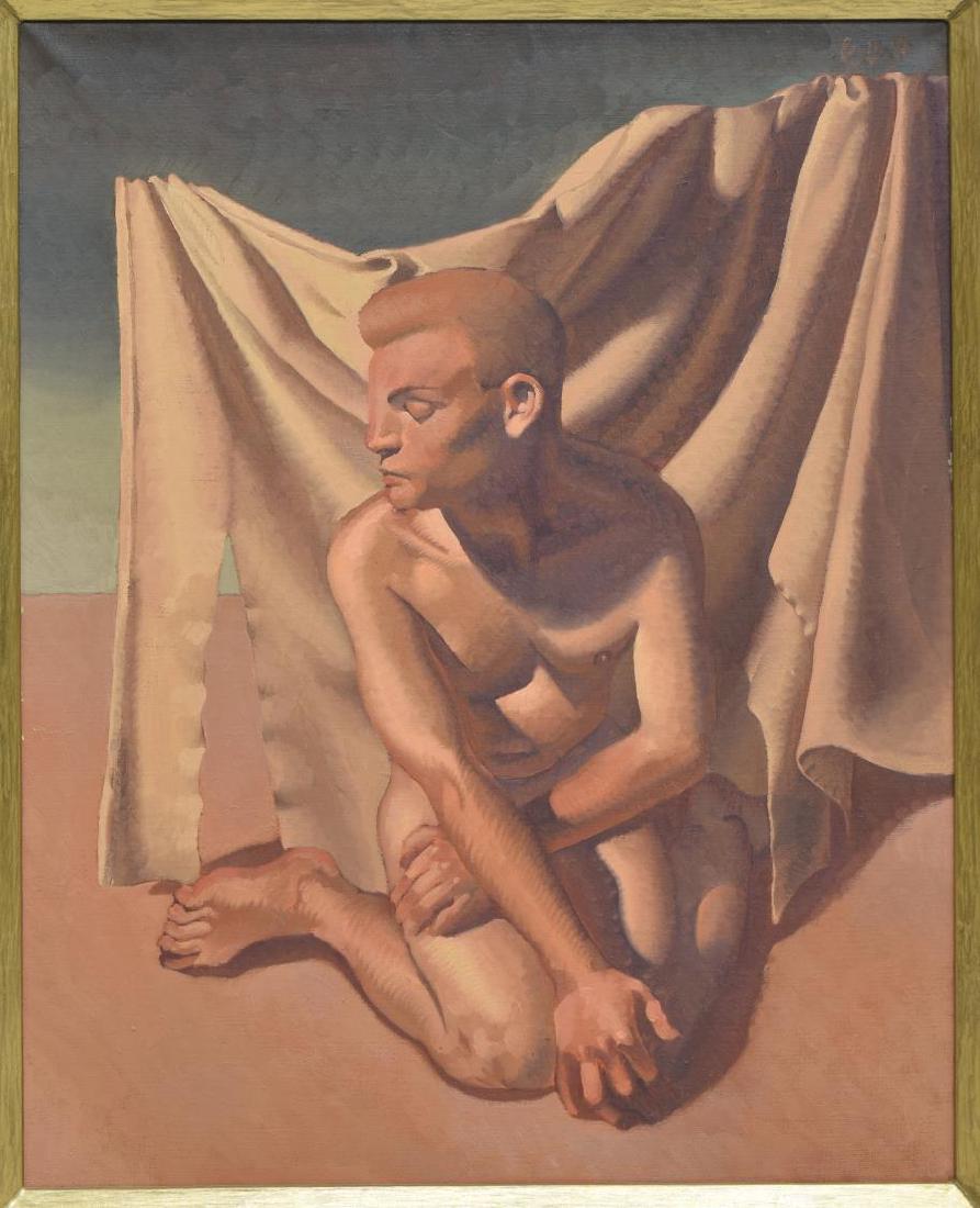 EDWARD POVEY (B.1951) FRAMED OIL ON LINEN PAINTING: Framed oil on linen painting, 1998, "A Young Man in a Landscape," dated and signed upper right Povey (Edward Povey, England, b. 1951), artist's label verso, sight: 27.5"h, 21.5"w, overall: 36.5"h, 30.