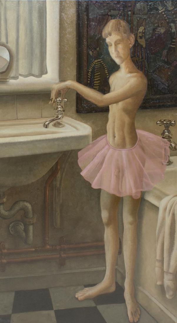 EDWARD POVEY (B. 1951) FRAMED OIL LINEN PAINTING: Framed oil on linen painting, 2013, "Father Wash Me Clean," dated and signed lower left Povey (Edward Povey, England, b. 1951), title and artist information verso, sight: 54"h, 30"w; overall: 56.5"h,