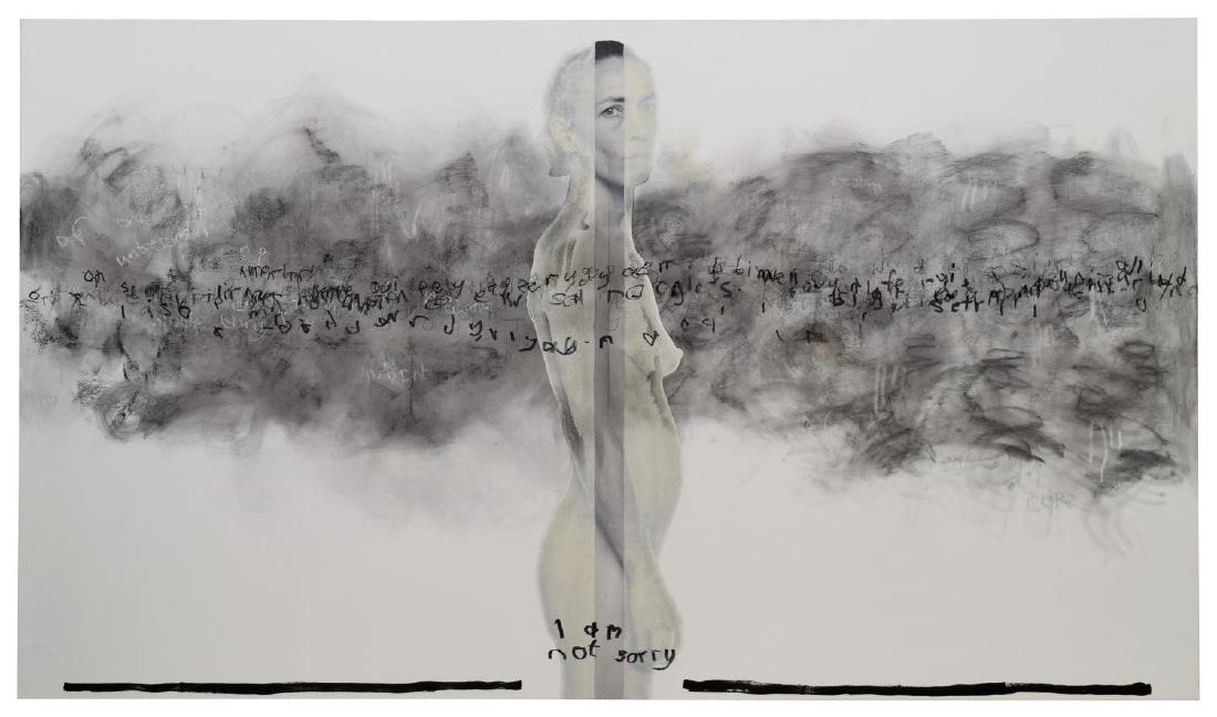 POVEY & SCHULTZ MIXED MEDIA ON PANEL PAINTING: Acrylic and mixed media on panel painting, 2017, "I Am Not Sorry," unsigned, Povey and Schultz (Edward Povey, England, b. 1951) (Donna Tolar Schultz, United States, b. 1966), overall: 48"h, 83"w, 27lb