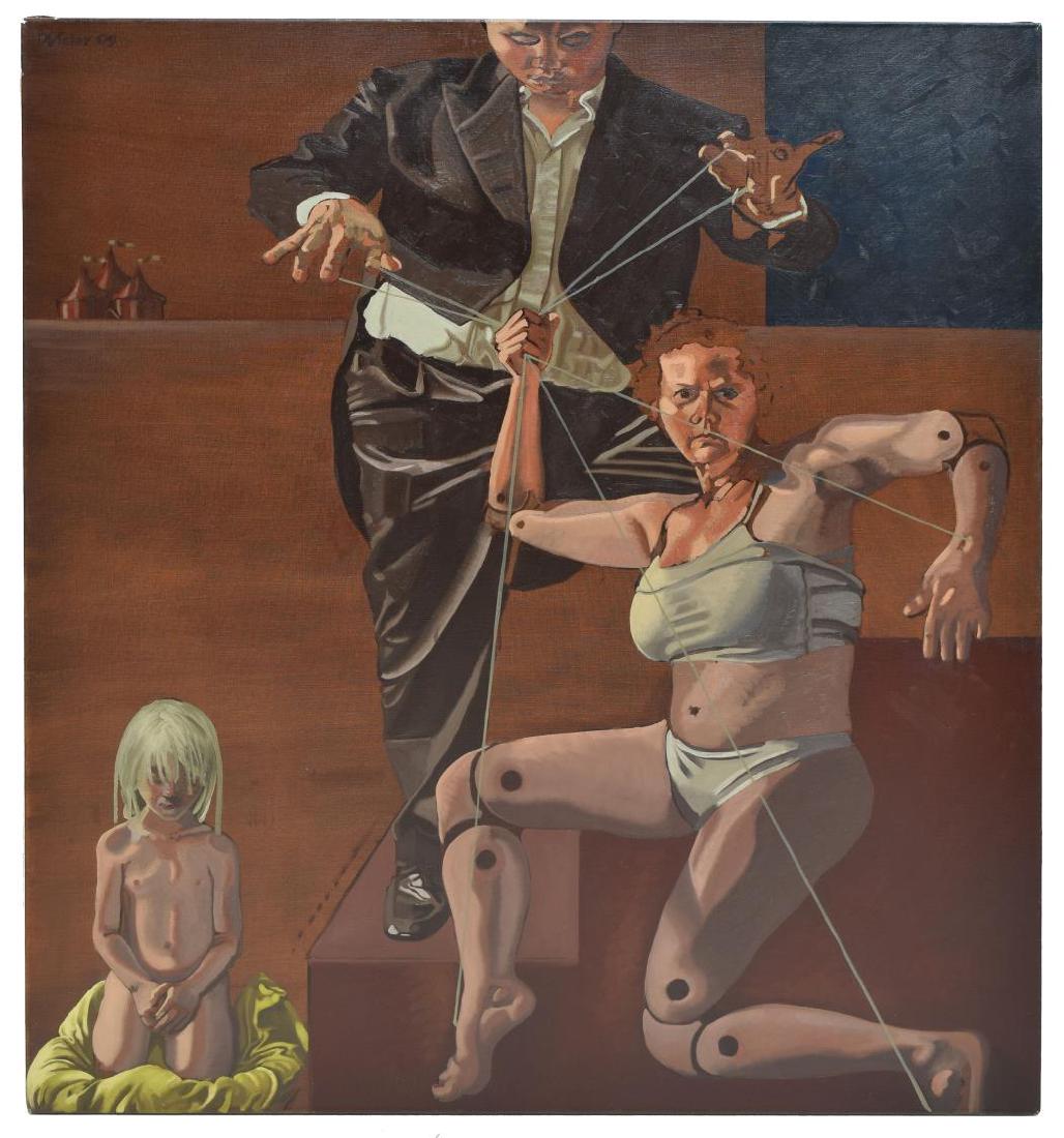 DL TOLAR (DONNA SCHULTZ, B.1966) OIL PAINTING: Oil on stretched linen painting, 2009, "Three Ring Circus," dated and signed upper left DL Tolar (Donna Tolar Schultz, United States, b. 1966), label with title verso, overall: 54.25"h, 48"w, 8.25lbs 