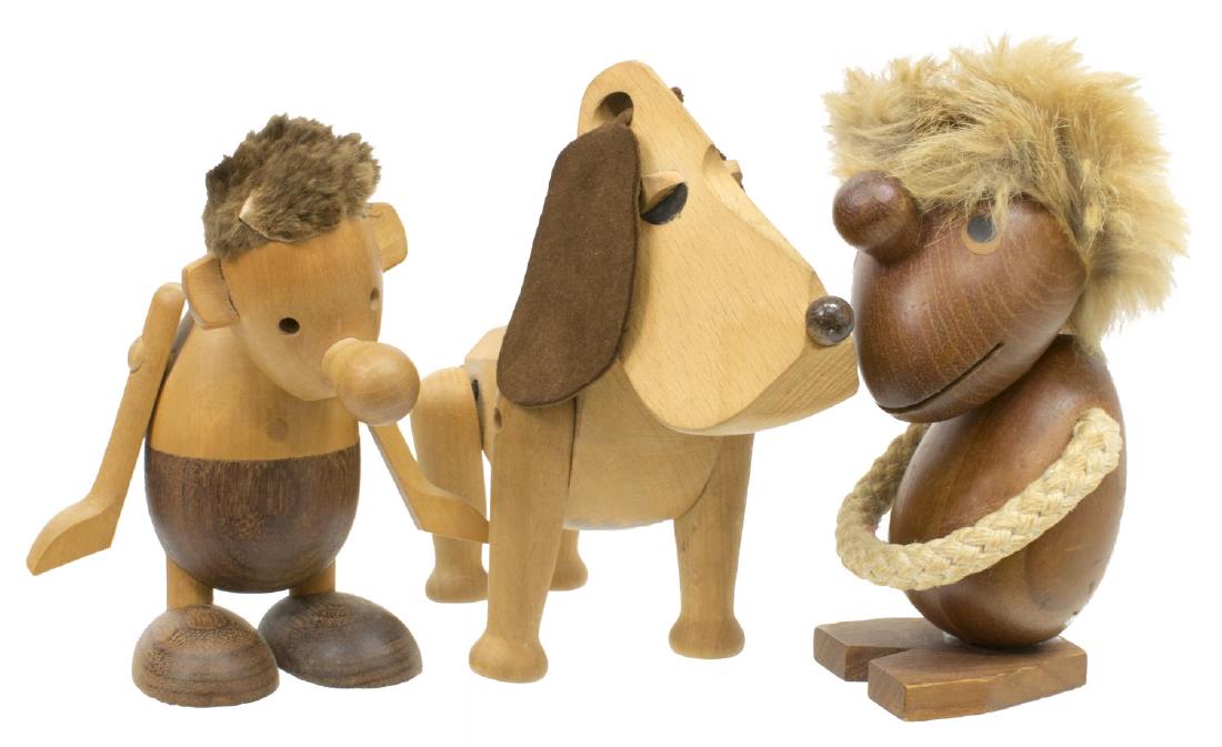 (3) HANS BOLLING FOR ORSKOV & CO. WOOD FIGURES: (lot of 3) Danish mid-century modern teak and beech wood figures, designed by Hans Bolling (Denmark, 20th c.), made by Torben Orskov & Co, all examples marked, including: (1) Pessimist, approx 5.25"h,