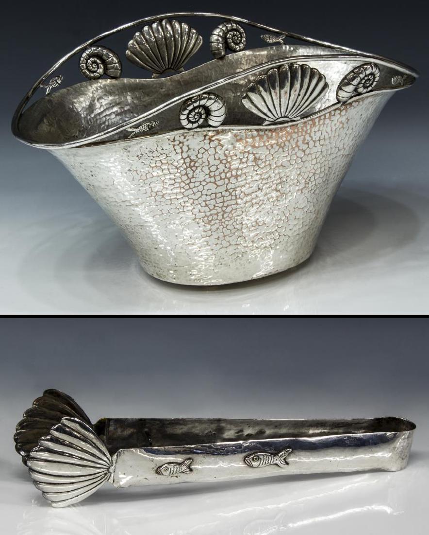 EMILIA CASTILLO TAXCO MEX. SILVERPLATE ICE BUCKET: Emilia Castillo hammered silver plate bucket, Taxco, Mexico, small fish and shells surmount the hammered copper body, on small domed feet, marks as pictured, copper showing through, 9.26"h, 16.26"w, 9