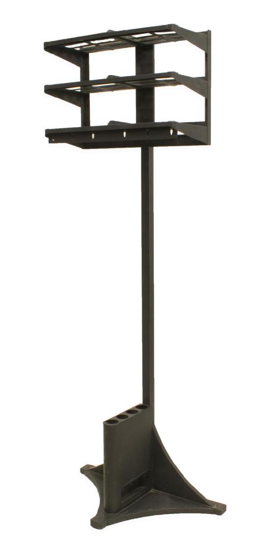 MODERN IRON FREE-STANDING HALL TREE COAT RACK: Modern iron hall tree, mid 20th c., three shelves for hats, over six slots for coat hangers, over tripartite base with four opening for umbrellas/ canes, approx 76"h, 29.5"w, 18"d Start Price: $150.00
