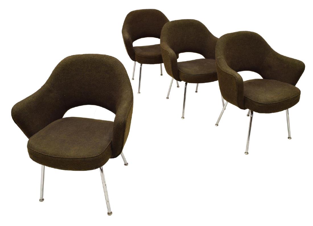 (4) EERO SAARINEN FOR KNOLL EXECUTIVE ARMCHAIRS: (lot of 4) Saarinen Executive Armchairs, designed by Eero Saarinen (Finland, United States, 1910-1961) for Knoll, in brown upholstery, rising on chromed steel legs, with glider feet, Knoll label to un