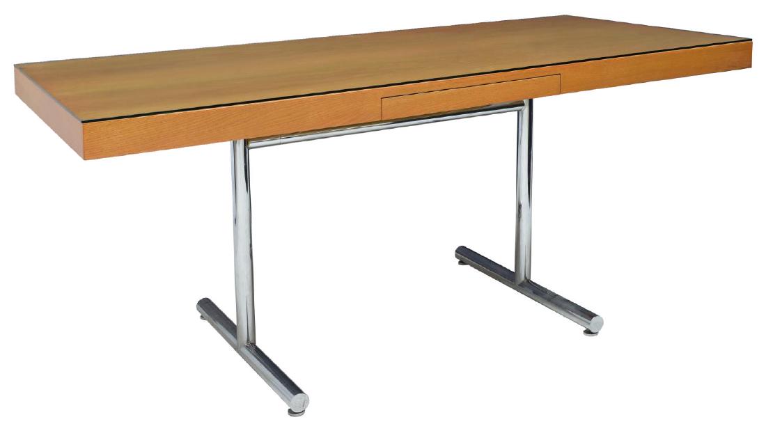 MID-CENTURY MODERN 'OMEGA' DESK/ TABLE, STENDIG: Mid-century modern "Omega" desk/ table, c. 1960s, designed by Hans Eichenberger (Switzerland, b.1926), retailed through Stendig, rectangular top under glass, over single drawer, all rising on chromed