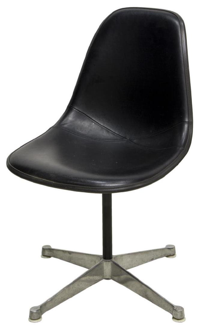 CHARLES & RAY EAMES FOR HERMAN MILLER SHELL CHAIR: Fiberglass shell chair, designed by Charles Eames (United States, 1907-1978) and Ray Eames (United States, 1912-1988) for Herman Miller, in black vinyl upholstery, on chrome quadripartite base, approx