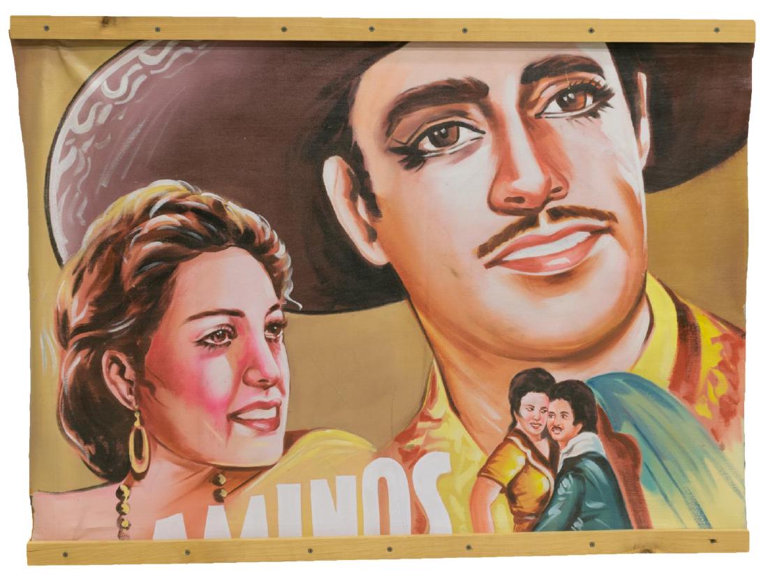 PAINTED SPANISH MOVIE POSTER 'CAMINOS DE SANGRE': Painted movie poster, a partial view, "Caminos de Sangre", released in 1945, starring Luis Aguilar (Mexico, 1918-1997), oil on canvas, hung from wood stretchers, craquelure to painted surface, overall