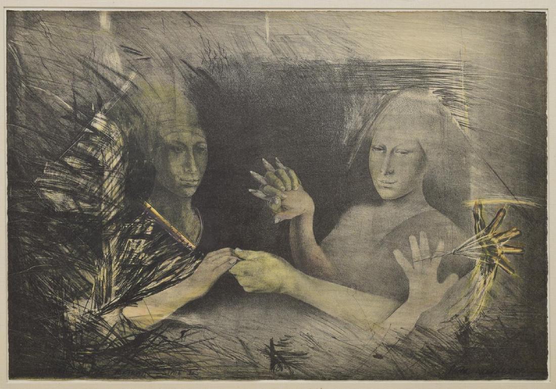 PAUL NICKEL (AUSTIN, 20TH C.) FRAMED LITHOGRAPH: Framed lithograph on paper, "Untitled Double Portrait," 1980, dated and signed lower right Paul Nickel (20th c., Austin, Texas), titled lower left, Garner & Smith Gallery label verso, sight: approx 22