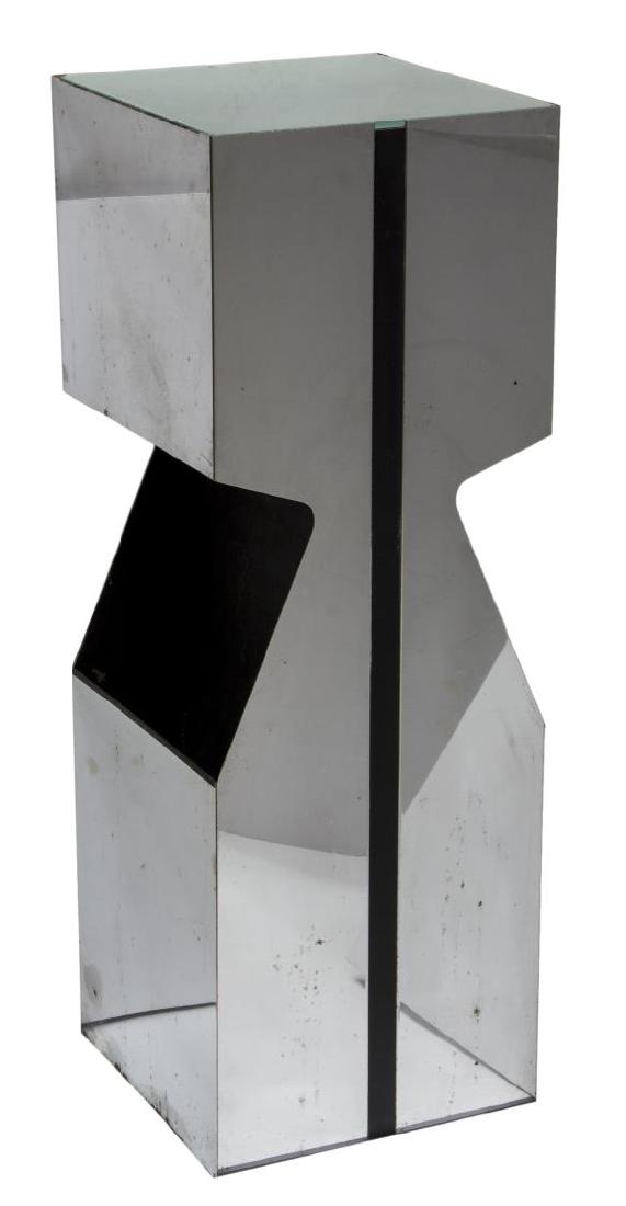 NEAL SMALL FOR KOVACS FLOOR LAMP/MAGAZINE HOLDER: Mid-century modern chrome floor lamp/magazine holder, c. 1960s, designed by Neal Small (United States, b.1937) for Kovacs, having frosted glass top with two light fixtures to interior, storage space t