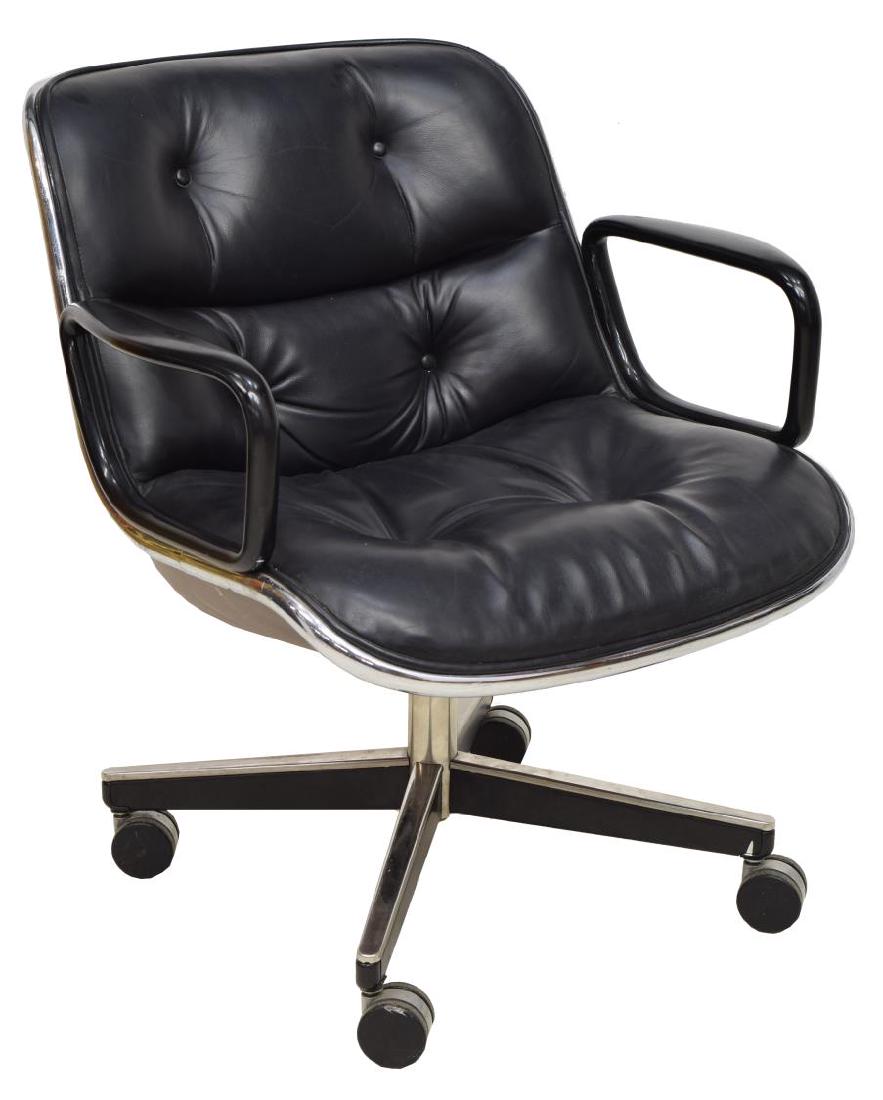 CHARLES POLLOCK FOR KNOLL SWIVEL OFFICE CHAIR: Mid-century modern office armchair, designed by Charles Pollock (United States, 1930-2013) for Knoll Industries, chrome and plastic shell with tufted black leather upholstery, black plastic arms, adju
