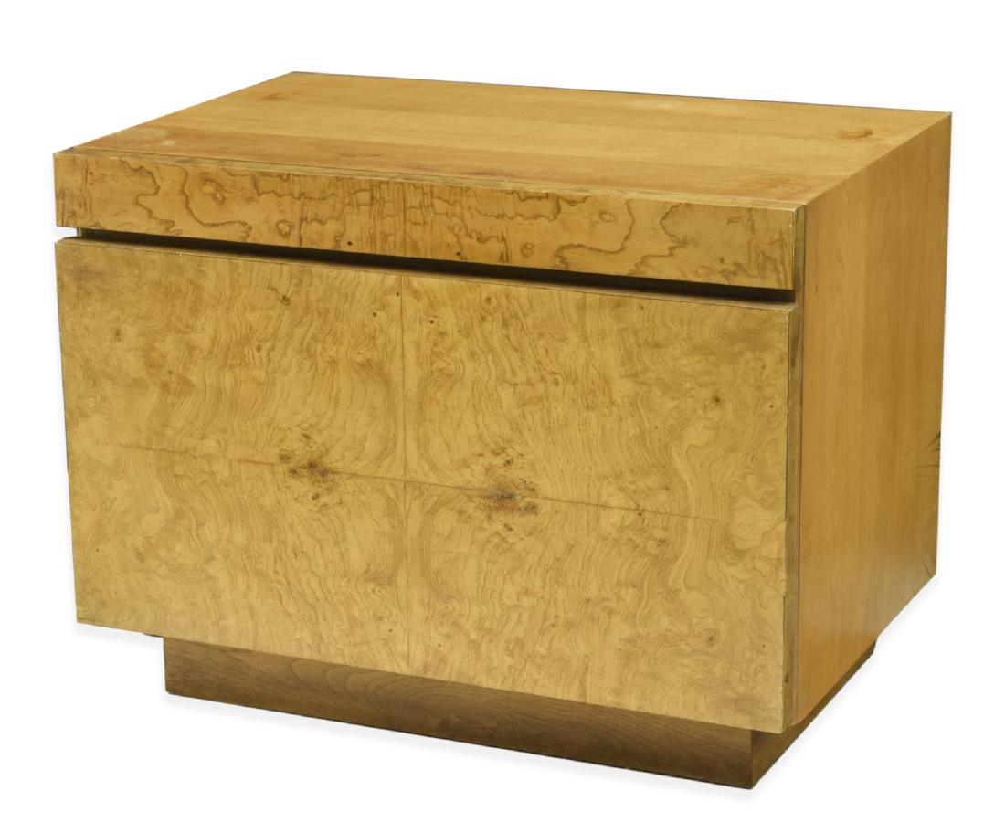LANE FURNITURE BURLWOOD SIDE CABINET, BAUGHMAN: Burlwood side cabinet by Lane Furniture, design attributed to Milo Baughman (United States, 1923-2003), fitted with pull-out writing surface and single drawer, rising on plinth base, maker stamped to 