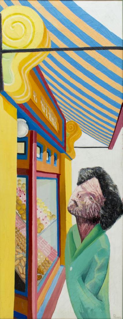 EDWARD POVEY (B. 1951) FRAMED OIL CANVAS PAINTING: Framed oil on canvas painting, 20th c., Figure in Front of Bakery, signed lower right Povey (Edward Povey, England, b. 1951), sight: 59.5"h, 23.25"w; overall: 69.25"h, 33"w, 2.25"d,17.75lbs Start Pric