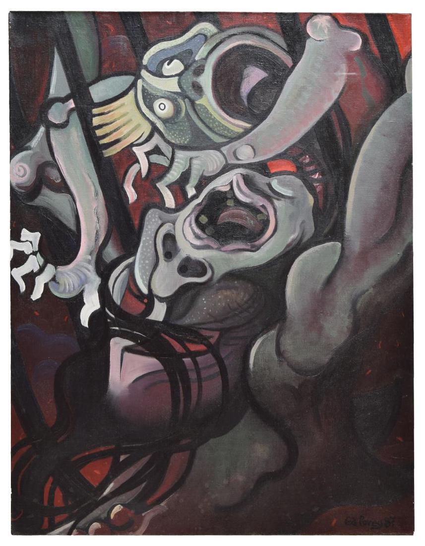 EDWARD POVEY (B.1951) OIL ON LINEN PAINTING: Oil on stretched linen painting, 1987, "Mother and Child," dated and signed lower right Ed Povey (Edward Povey, England, b. 1951), overall: 27"h, 21"w, 2.75lbs Start Price: $100.00