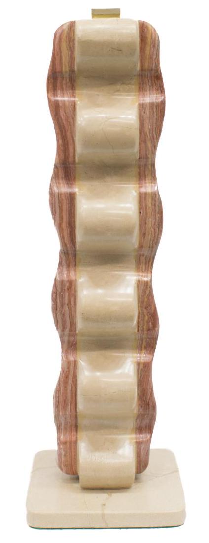 VELASTEGUI (1946) MODERN ABSTRACT STONE SCULPTURE: Modern abstract stone sculpture, "Abstract Form," signed Velastegui (Manuel Velastegui Moreno, Ecuador, 1946) and dated 2007 to back and on base, approx 24.5"h, 8"w, 7"d, 29lbs Start Price: $150.00