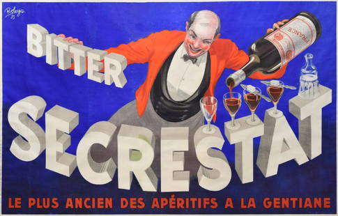 LARGE SIGNED LITHOGRAPH 'BITTER SECRESTAT' ADVERT.: Large framed lithograph, "Bitter Secrestat" advertisement, signed upper left Robys (Robert Jay Wolff, American, 1905-1975) and dated 1935, printed by L. Marboeuf, Paris, foxing to edges, sight: approx