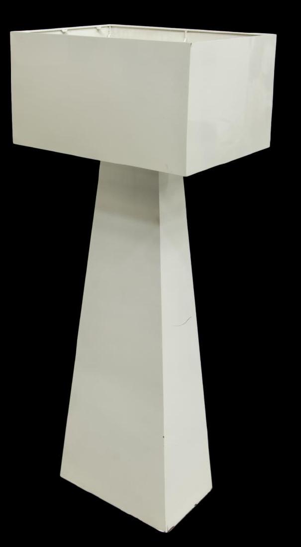 GEORGE KOVACS (D.2007) MODERN STANDING FLOOR LAMP: Modern standing floor lamp, designed by George Kovacs (United States, 1927-2007), having white metal shade over three light fixtures, rising on a white veneer wood flared base, approx 60.25"h, 24.25"w
