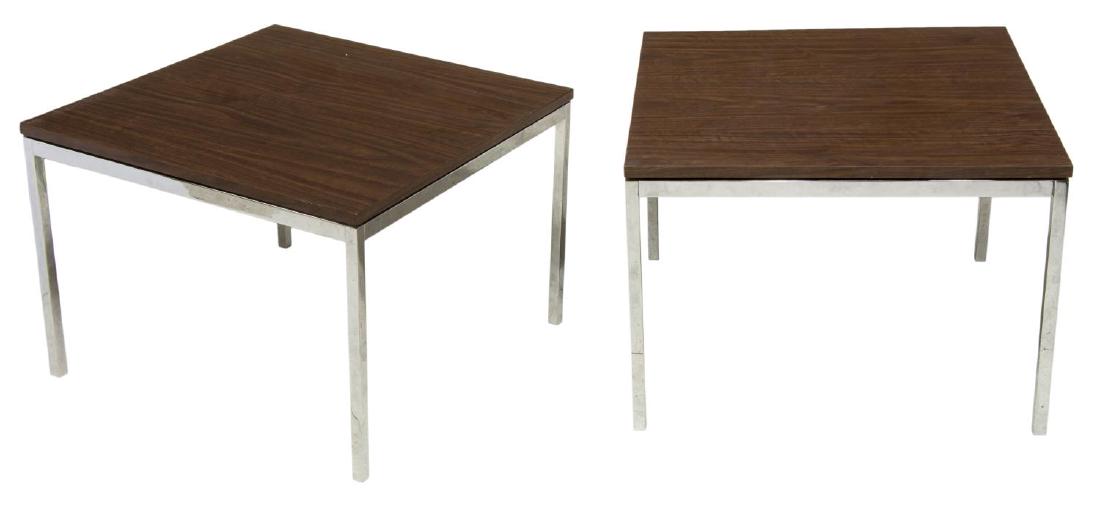 (PAIR) FLORENCE KNOLL CHROME FRAMED SIDE TABLES: (pair) Mid-century modern side tables, c. 1960s, designed by Florence Knoll (United States, b.1917) for Knoll International, square walnut top on chromed steel frames, (one) retaining partial Knoll ta