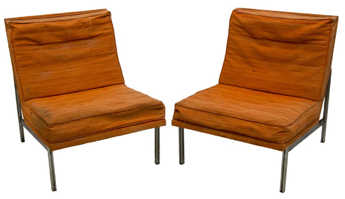 (PAIR) FLORENCE KNOLL 'PARALLEL BAR' LOUNGE CHAIRS: (pair) "Parallel Bar" lounge chairs, c. 1960s, designed by Florence Knoll (United States, b.1917) for Knoll Associates, chromed steel frame, with original upholstery, now deteriorated, some patination
