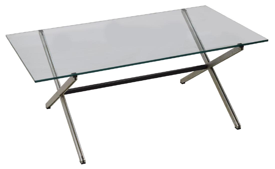 FLORENCE KNOLL 'PARALLEL BAR' GLASS COFFEE TABLE: "Parallel Bar" coffee table, design attributed to Florence Knoll (United States, b.1917) for Knoll Industries, glass-top, rising on chromed steel parallel bar x-shaped frame, approx 16.75"h, 42"w, 24.